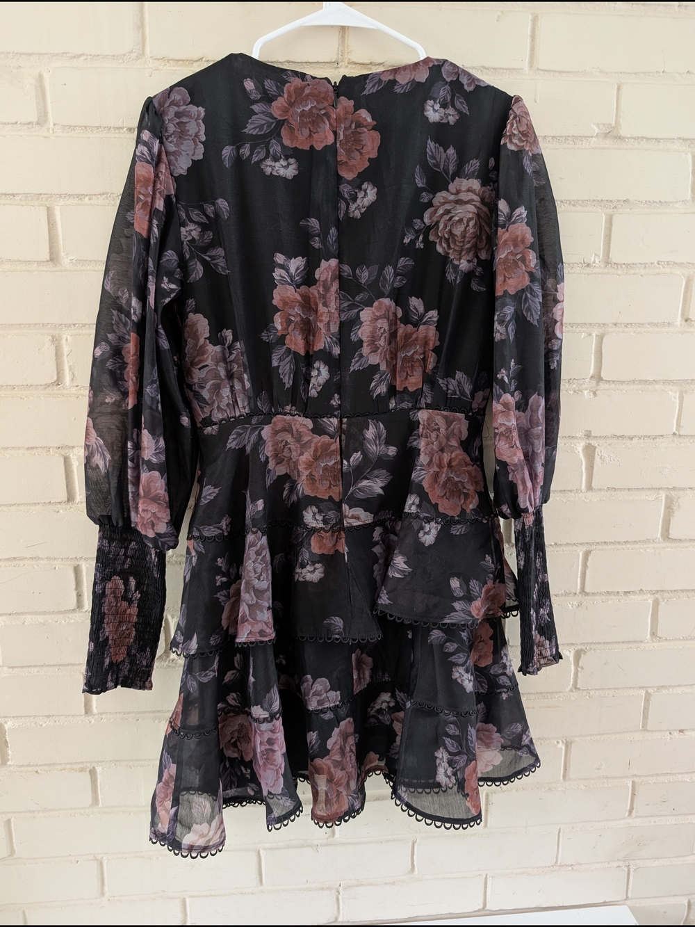 Keepsake M Oblivion Floral Tiered V-Neck Mini Dress Black with Mauve Roses - Picture 6 of 8